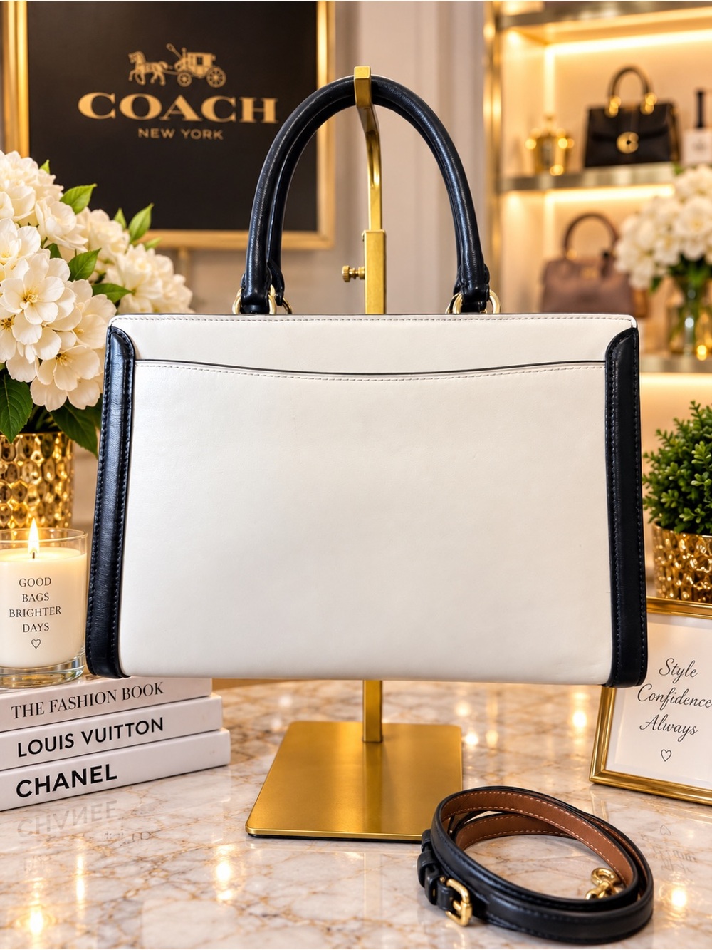 COACH Two-Tone Leather Satchel in White and Black with Gold Hardware - Picture 3 of 8